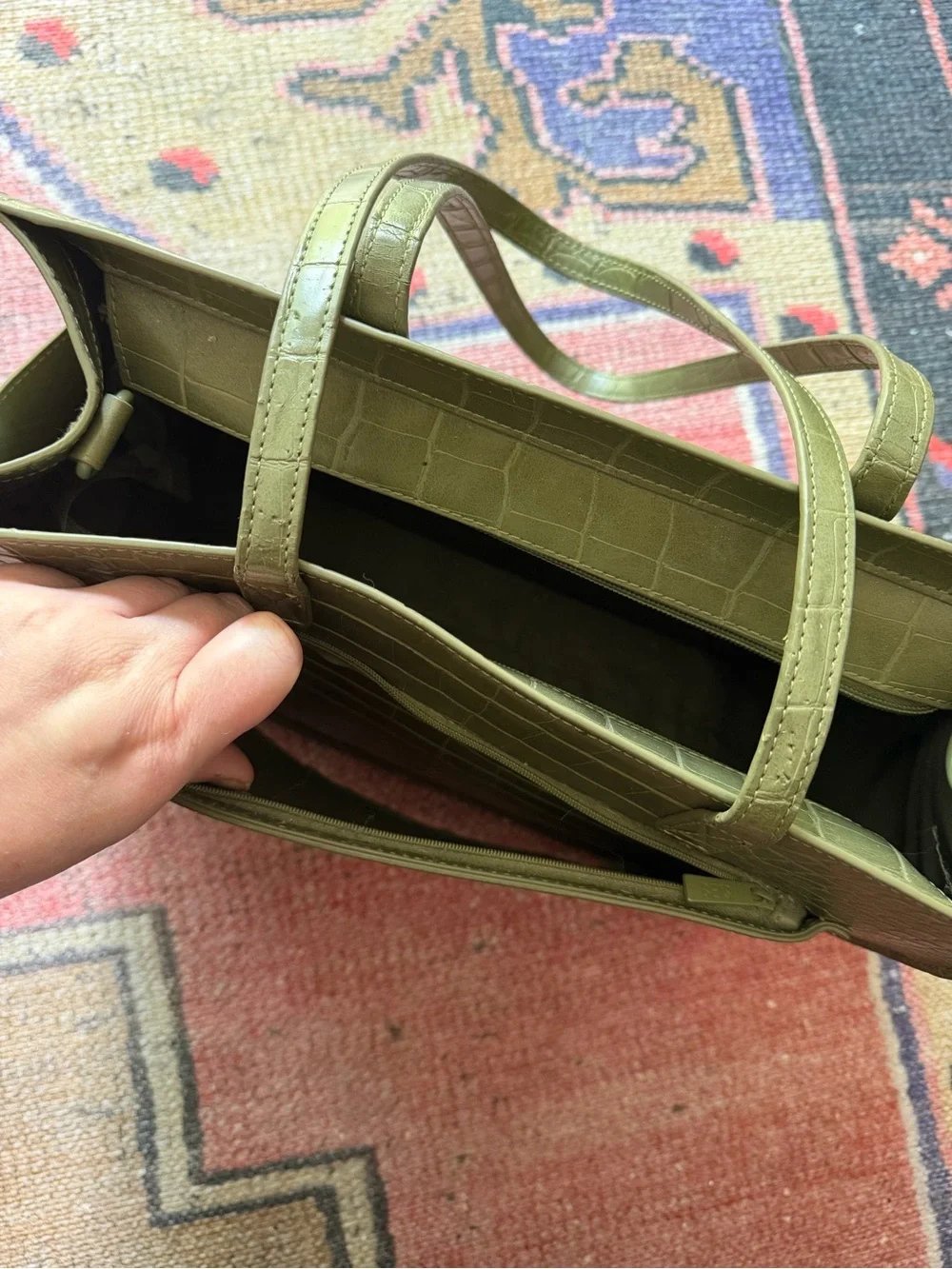 BEIS Olive Green Croc-Embossed Work Tote